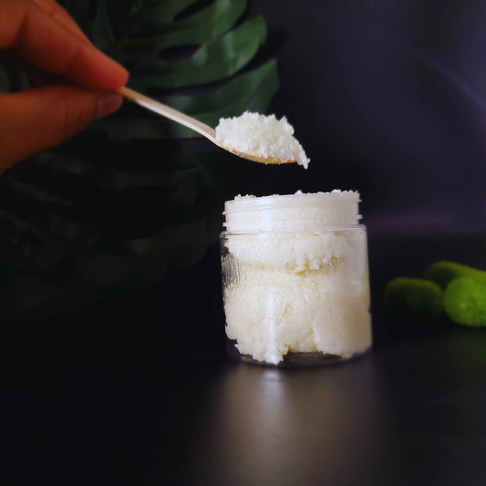 Natural body scrub made with unrefined shea butter and organic coconut oil. Enjoy the natural exfoliating properties of fine dead sea salt. Choose one of perfectly scented options, grapefruit and lemon (Spring Sensation or soothing Rosemary and Mint).  Massage this scrub onto your skin before a shower and come out refreshed, exfoliated, and moisturized. 