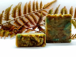 Handcrafted with all natural ingredients (saponified shea butter, cocoa butter, coconut oil, olive oil, and castor oil) free from harsh chemicals. Formulated using a plant based recipe, designed to cleanse your skin and provide moisturization. Our soap designs and fragrances are made with natural colorants and pure essential oils. Naturally pigmented with chlorophyll, paprika, and ground clove. Scented with vetiver & cedarwood essential oils, noted to have antiseptic and anti-inflammatory properties.