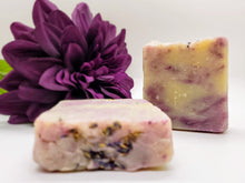 Load image into Gallery viewer, Calming lavender scented soap bar. Pigmented by alkanet root powder. Great total body care bar. 
