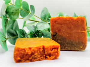 Handcrafted with all natural ingredients (saponified shea butter, cocoa butter, coconut oil, olive oil, and castor oil)free from harsh chemicals. Formulated using a plant based recipe, designed to cleanse your skin and provide moisturization. Our soap designs and fragrances are made with natural colorants and pure essential oils. Naturally pigmented with superfood, turmeric and annatto  powder. Scented with lemon essential oil. Helps with those with dry skin conditions and acne.