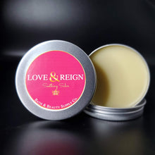 Load image into Gallery viewer, Great way to soothe dry skin. Calming scent of chamomile essential oils. Made with organic Mango &amp; Shea butter, infused calendula &amp; chamomile oil, sweet almond, candelilla wax and vit E. Easily accessible moisture in a 2 oz eco friendly tin. Plant based &amp; cruelty free
