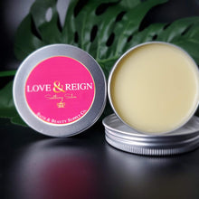 Load image into Gallery viewer, Great way to soothe dry skin. Calming scent of chamomile essential oils. Made with organic Mango &amp; Shea butter, infused calendula &amp; chamomile oil, sweet almond, candelilla wax and vit E. Easily accessible moisture in a 2 oz eco friendly tin. Plant based &amp; cruelty free

