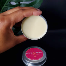 Load image into Gallery viewer, Great way to soothe dry skin. Calming scent of chamomile essential oils. Made with organic Mango &amp; Shea butter, infused calendula &amp; chamomile oil, sweet almond, candelilla wax and vit E. Easily accessible moisture in a 2 oz eco friendly tin. Plant based &amp; cruelty free

