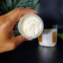 Load image into Gallery viewer, Natural healing properties that may be beneficial for dry skin conditions  Full of antioxidants aimed to naturally reduce scars &amp; fine lines Chemical free, moisturizing hair sealant Made with unrefined shea butter and oil blend (coconut, jojoba, sweet almond, avocado ,grapeseed, rosehip, hemp seed &amp; argon) Best used on clean damp hair.  Use as needed for skin care.  A little goes a long way. Allow butter to melt in your hands and apply.   
