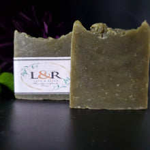 Load image into Gallery viewer, Handcrafted with all natural ingredients (saponified shea butter, coconut oil, olive oil, hemp seed oil, and spirulina powder) free from harsh chemicals. Formulated using a plant based recipe, designed to cleanse your skin without stripping your skin of its natural oils.  Our soap designs and fragrances are made with natural colorants and pure essential oils. Scented with eucalyptus  essential oil. Uplifting scent. Cruelty free.  Always made with love.
