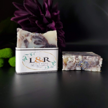 Load image into Gallery viewer, Calming lavender scented soap bar. Pigmented by alkanet root powder. Great total body care bar. 
